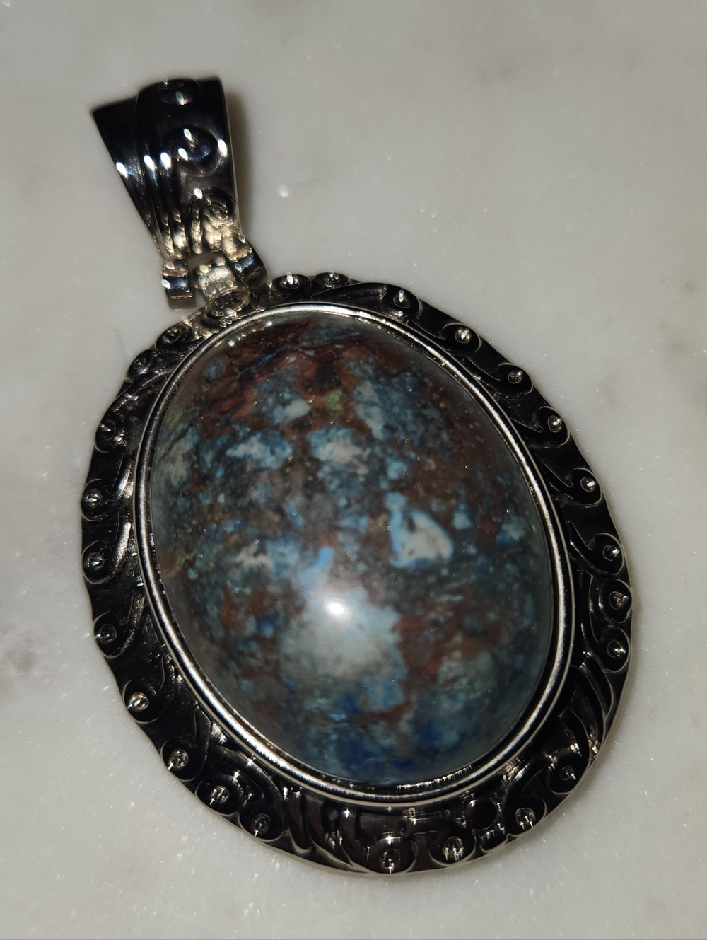 Large Oval Blue-Brown Jasper Stone Silver Pendant